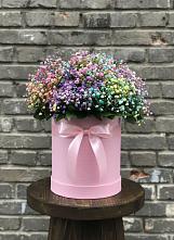 Цветочная композиция из Гипсофила и Розы в шляпной коробке в Медвежьегорске