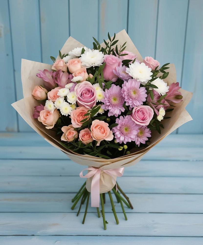 Букет цветов из: Хризантемы, Розы и Альстромерии в Медвежьегорске