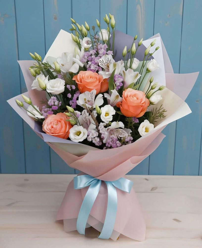 Букет цветов из: Лизиантусы, Розы, Альстромерии и Гипсофила в Медвежьегорске