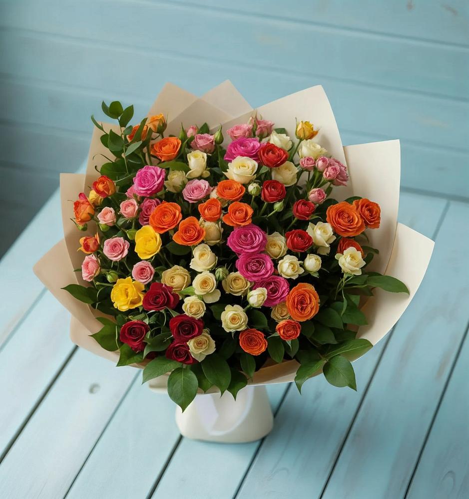 Букет Микс из разноцветных кустовых роз в Медвежьегорске