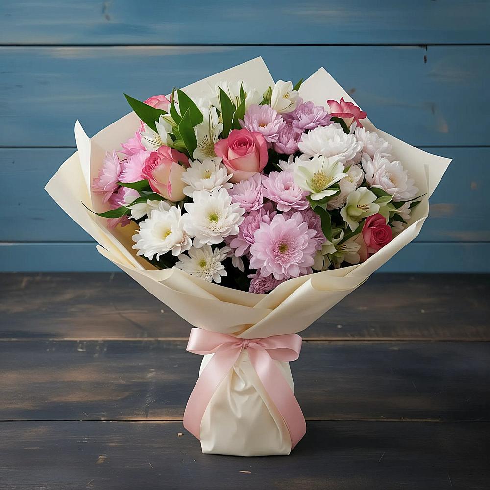 Букет цветов из: Хризантемы, Альстромерии и Розы в Медвежьегорске